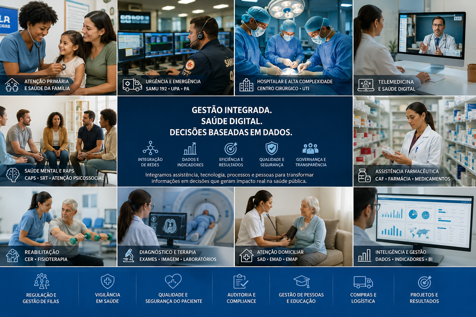 Mosaico das áreas de atuação do ICM Canaã: atenção primária, urgência e emergência, hospitalar, telemedicina, saúde mental, assistência farmacêutica, reabilitação, diagnóstico, atenção domiciliar e inteligência de dados