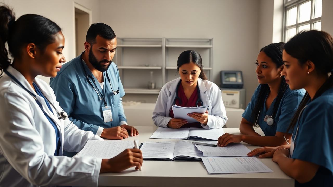 Equipe de saúde da família revisando protocolos e procedimentos operacionais padrão