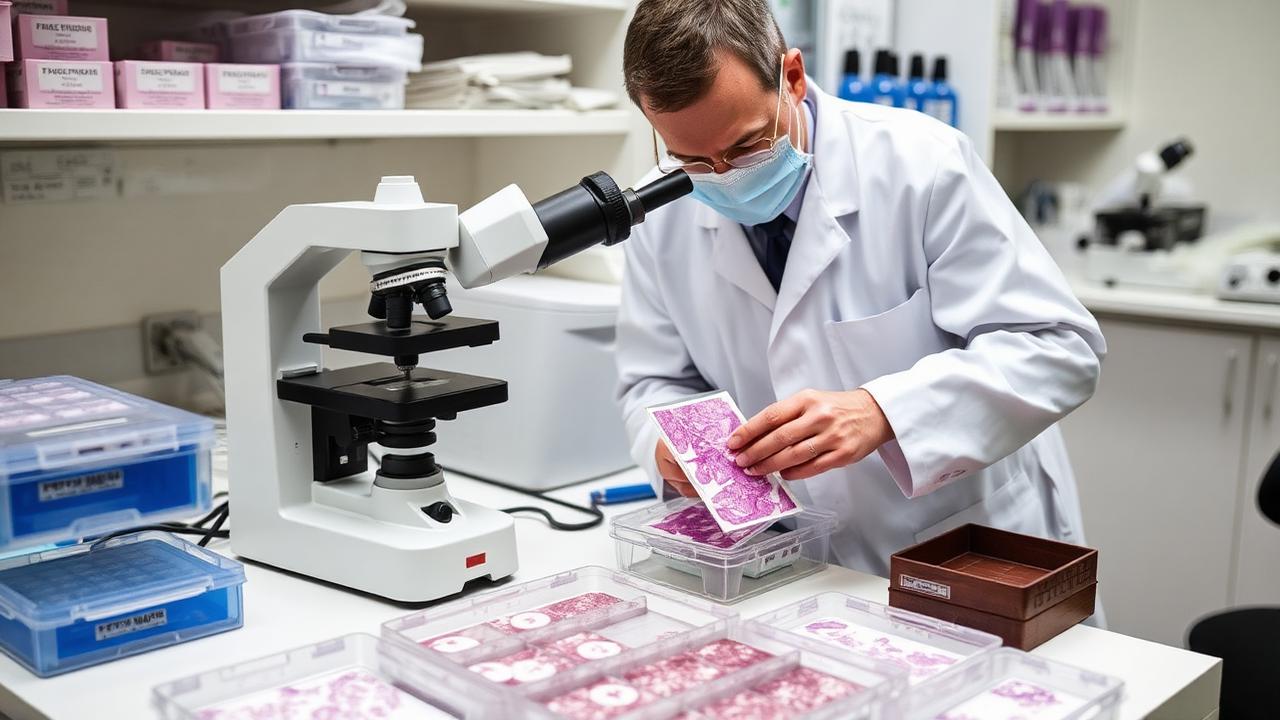 Patologista examinando lâminas histológicas ao microscópio em laboratório de anatomia patológica
