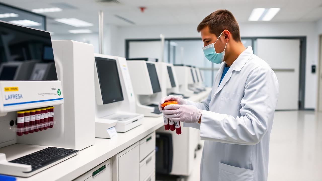 Profissional de laboratório clínico manipulando amostras identificadas ao lado de analisadores automatizados