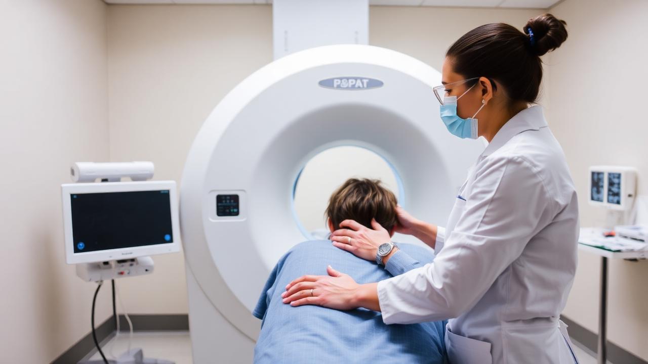 Técnica em radiologia posicionando paciente para exame de imagem em sala de diagnóstico