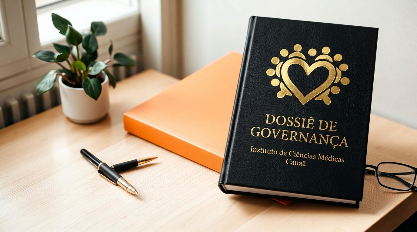 Dossiê de Governança Institucional do ICM Canaã sobre uma mesa de trabalho