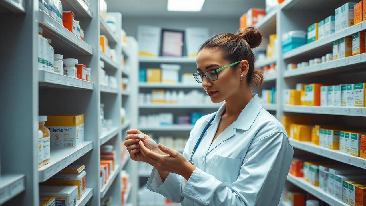 Profissional conferindo estoque de medicamentos em almoxarifado de farmácia pública