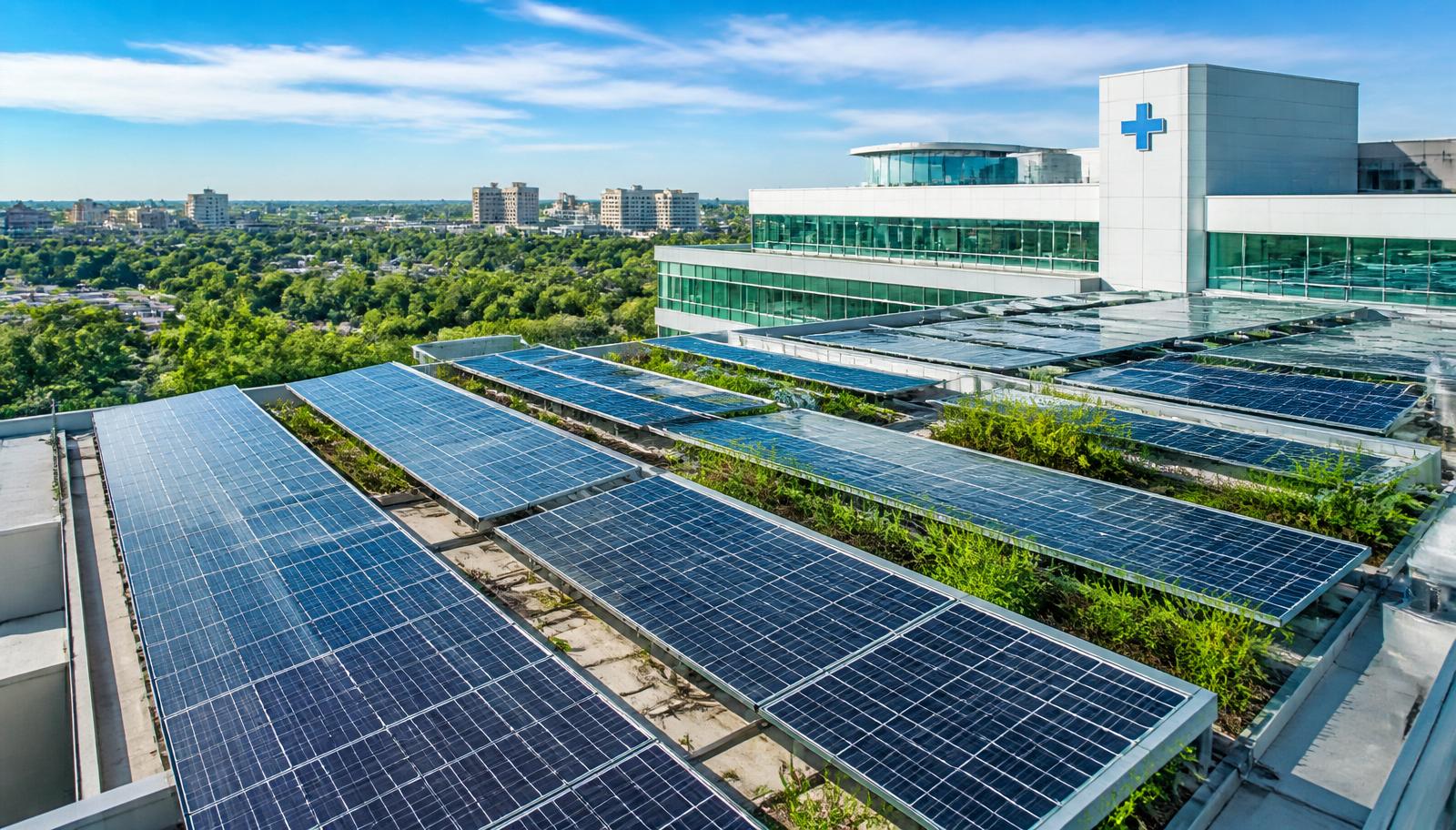 Hospital sustentável com painéis solares e telhado verde