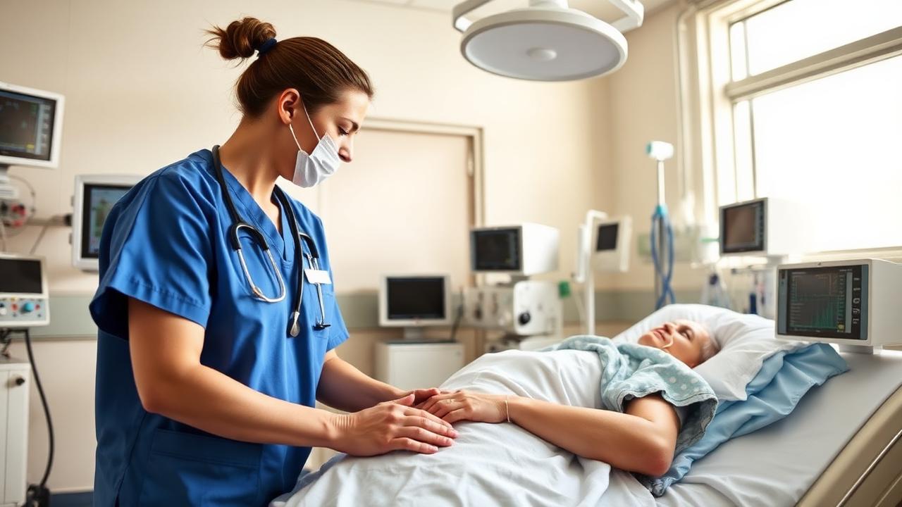 Enfermeira prestando cuidado a paciente internado em unidade hospitalar