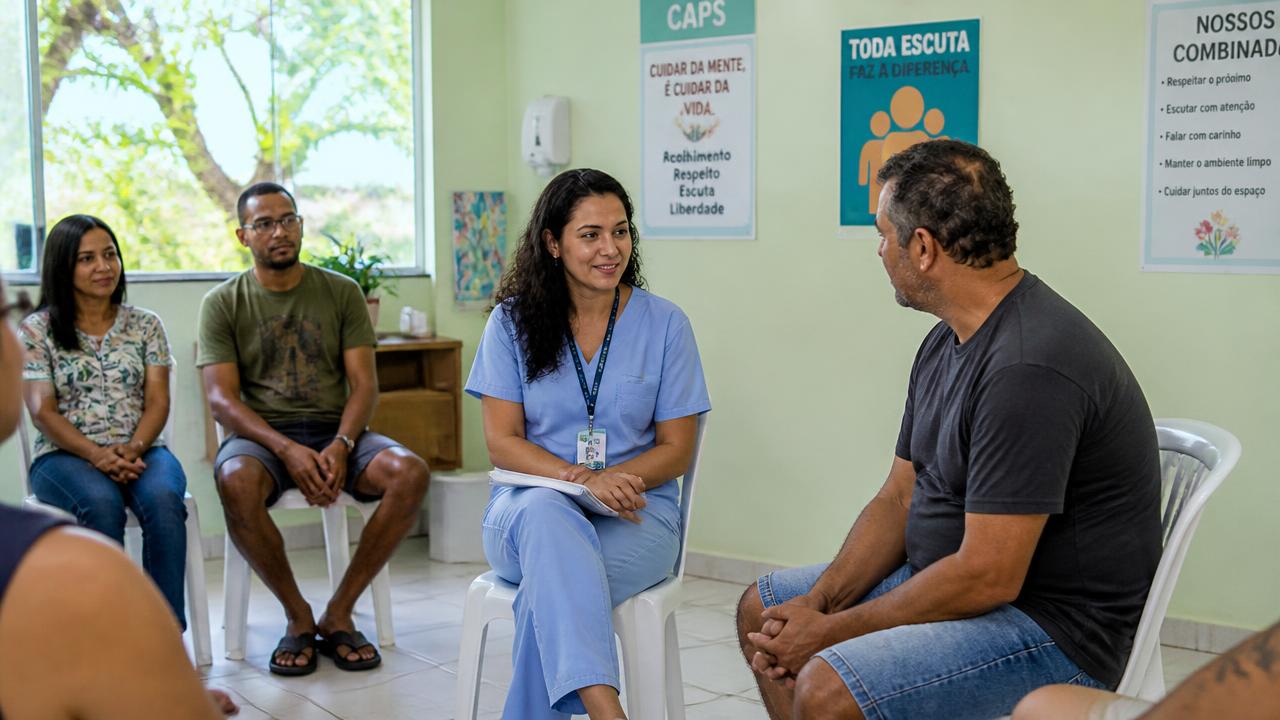 Roda de acolhimento em CAPS brasileiro: psicóloga conversando com usuários em serviço público de saúde mental