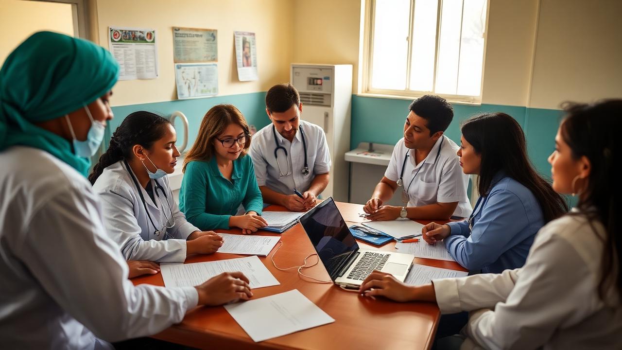 Equipe multiprofissional reunida discutindo Plano Terapêutico Singular em serviço público de saúde