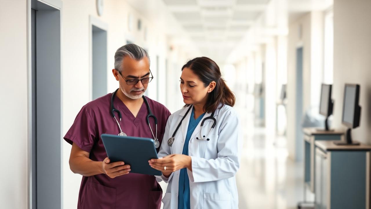 Médico e enfermeira consultando informações do prontuário eletrônico em um tablet