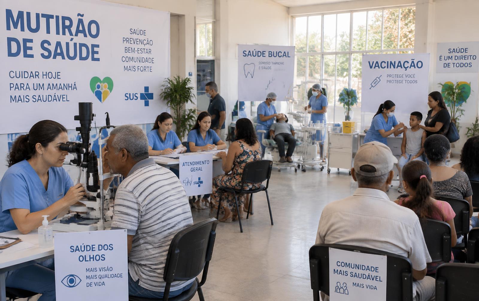Mutirão de saúde com atendimentos de oftalmologia, odontologia e vacinação
