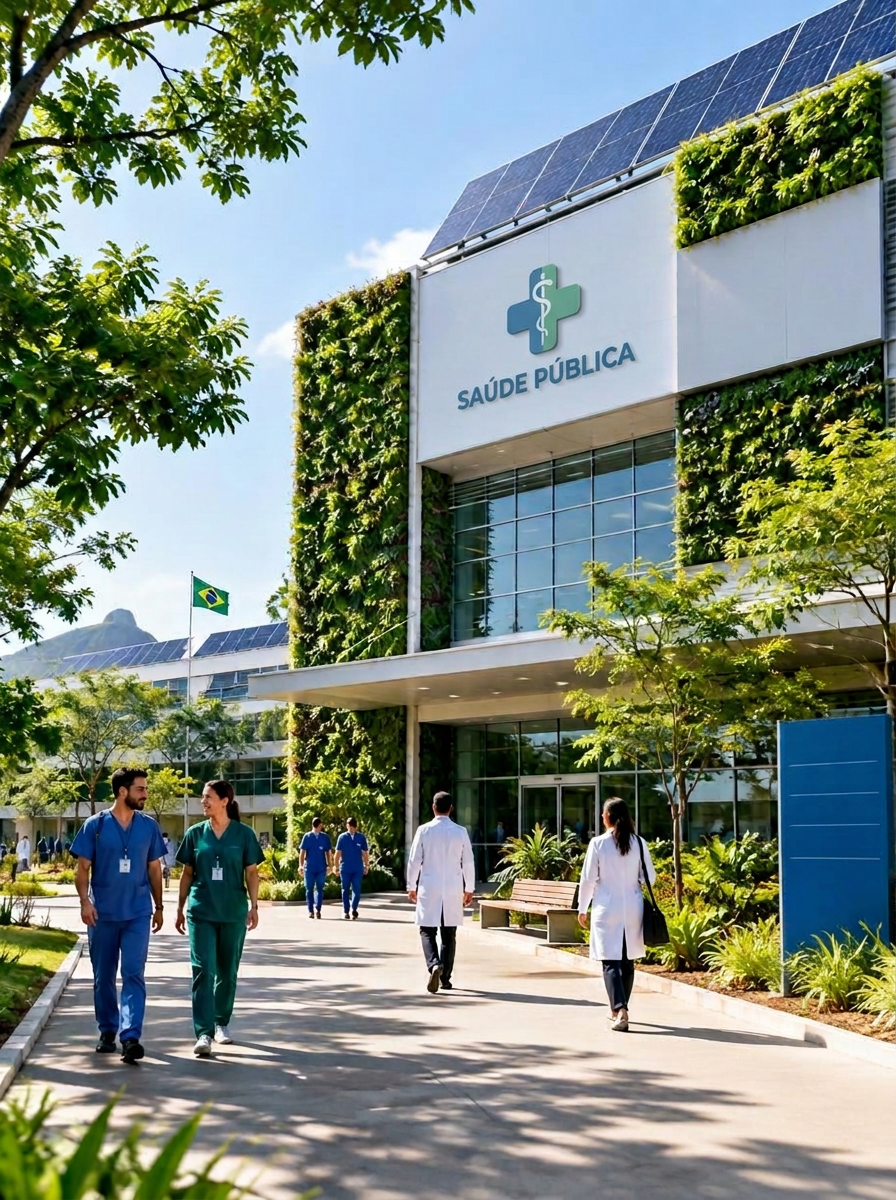Hospital público sustentável com jardim vertical, energia solar e equipe de saúde