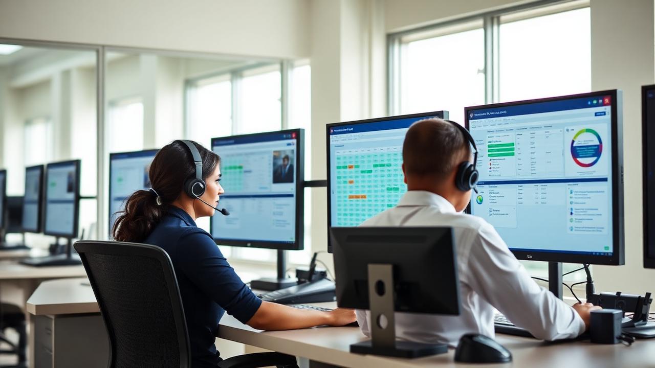 Equipe de reguladores com headsets analisando agendas e filas em monitores na central de regulação