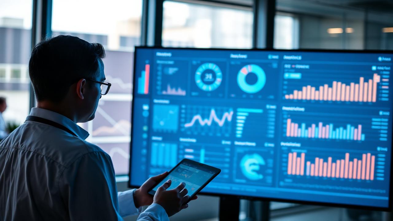 Gestor de saúde analisando painel de indicadores de filas e produção em tela grande, com tablet em mãos