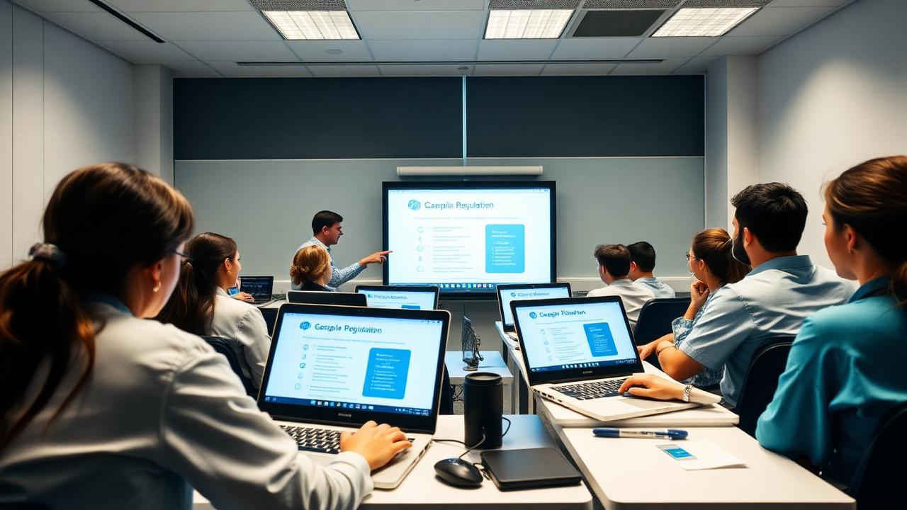 Turma de profissionais de saúde em treinamento no sistema digital de regulação, com instrutor apresentando a tela projetada