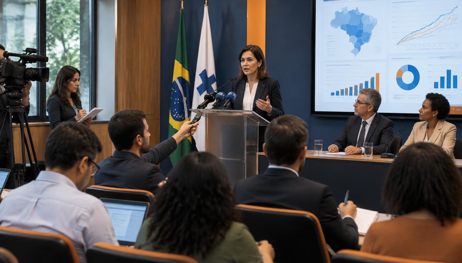 Porta-voz apresenta informações a gestores de saúde e jornalistas em coletiva de imprensa