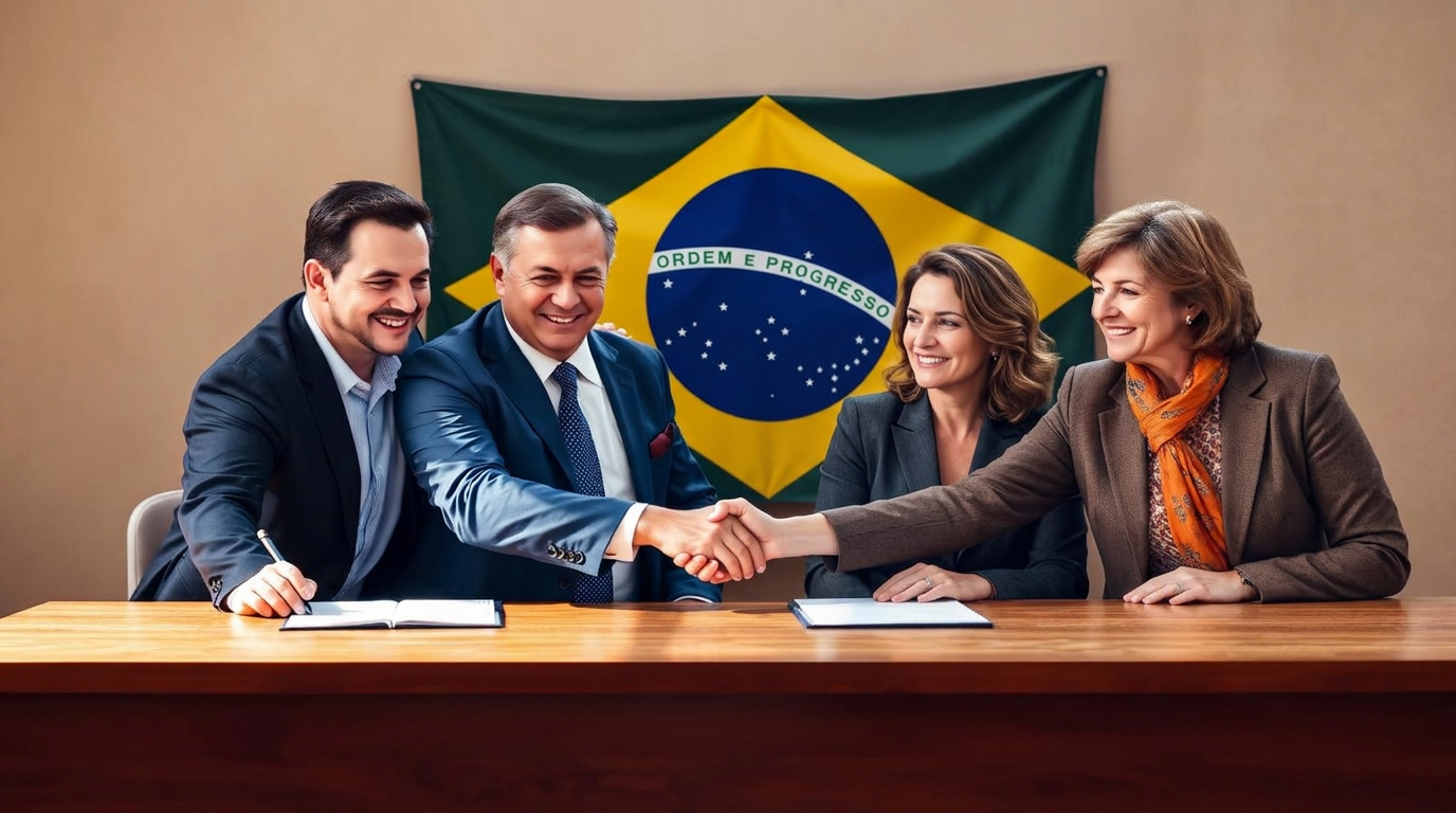 Representantes institucionais assinando termo de cooperação com bandeira do Brasil ao fundo