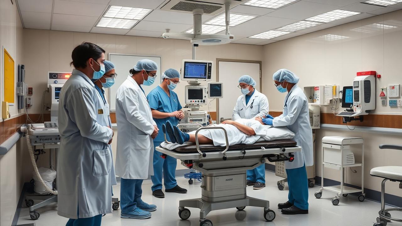 Equipe multiprofissional atendendo paciente em sala de emergência de unidade de pronto atendimento